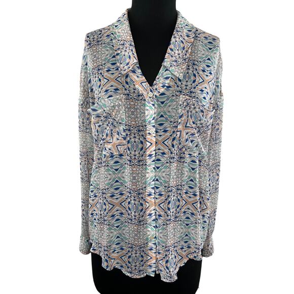 FREE PEOPLE Kaleidoscope Multi Print Button Up Collar Long Sleeve Shirt Medium M - Picture 1 of 7